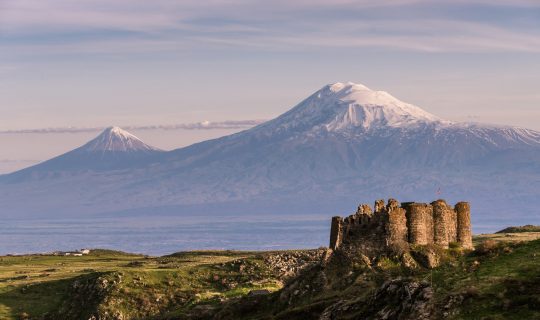 View of the 7th-century Amberd fortress located on the slopes of Mount Aragats, Armenia.